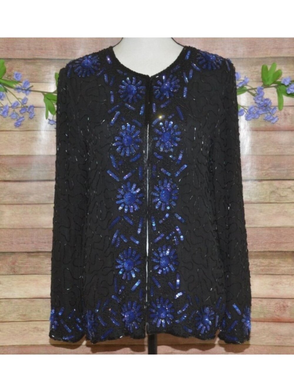 Vintage 80s JMD New York Beaded Silk Evening Jacket Size S Black Blue Party